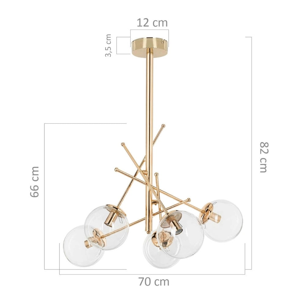Lampada da soffitto Gondia ASZ1391 in metallo colore oro con 5 paralumi in vetro H82xL70