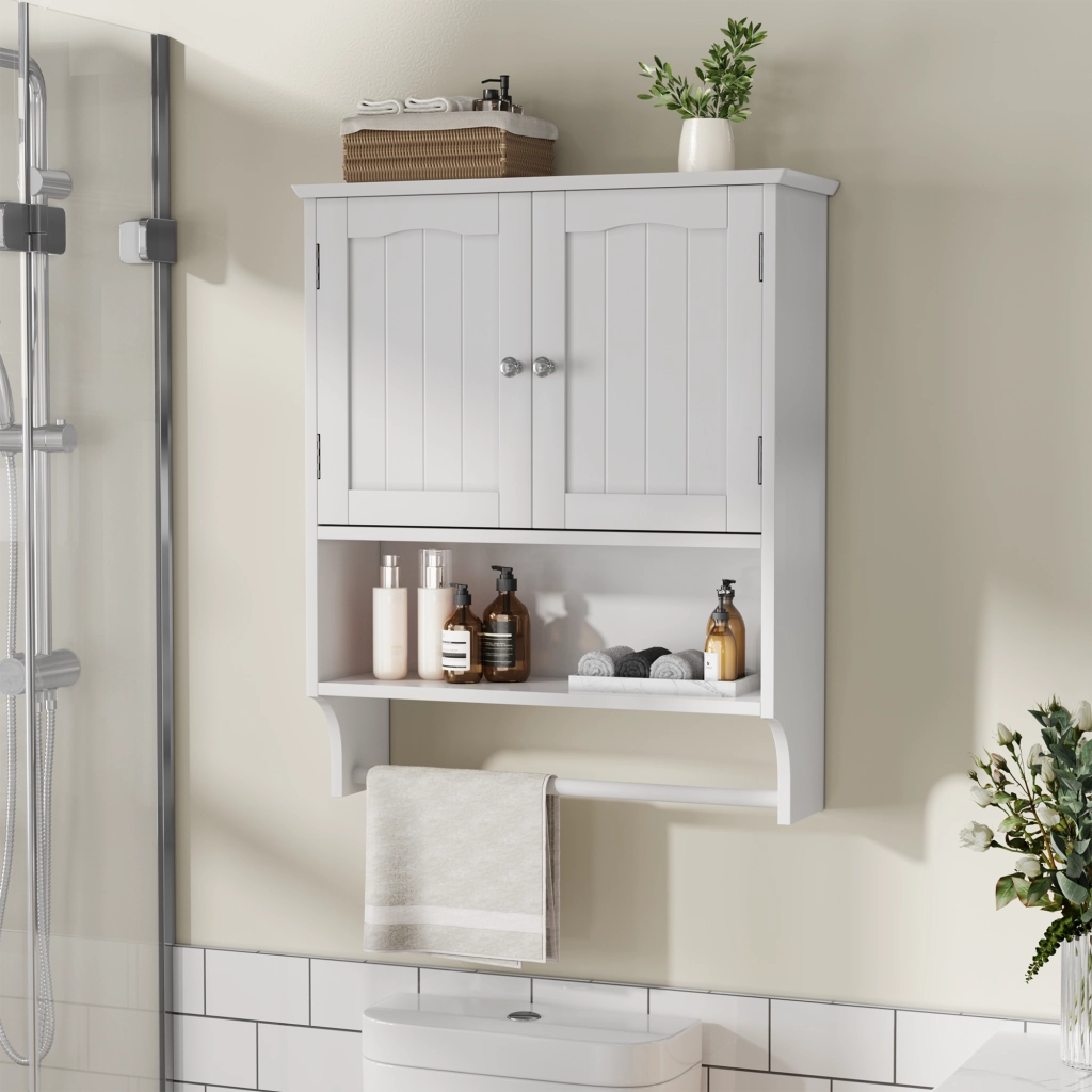 Armadietto da bagno con 1 anta, ripiani regolabili e portasciugamani, per bagno, in MDF, bianco, 56.8 × 19 × 70 cm