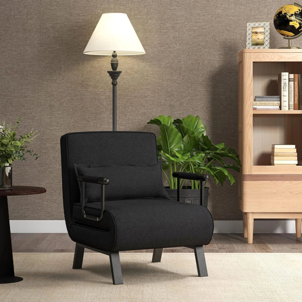 Poltrona Letto, 4 in 1 Poltroncina Pieghevole con Schienale Regolabile in 6 Posizioni, Sedile Imbottito Robusto, Divano Letto Singolo per Casa Ufficio, 79x65x79 cm (Nero)