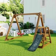 Altalena in legno doppia per bambini con scivolo e scala da arrampicata, 239x240x169 cm, colore naturale