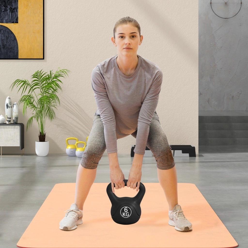 Kettlebell 6kg in Plastica e Sabbia con Base Piatta e Impugnatura, 20x13x22 cm, Nero