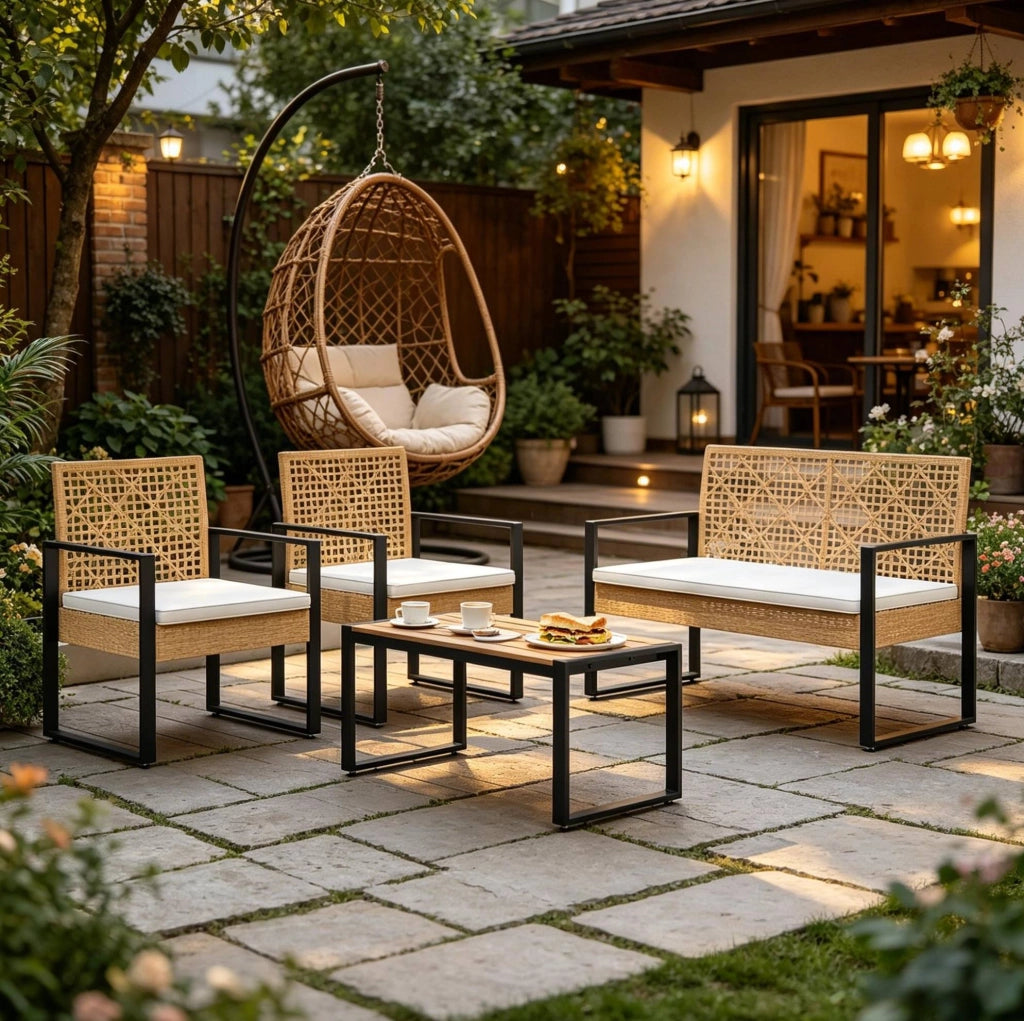 Set da giardino in PE rattan effetto legno naturale con divano 2 posti; 2 poltrone e tavolino