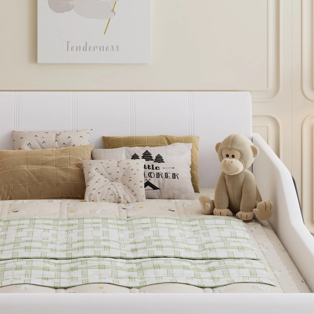 Letto imbottito per bambini 140x200 cm con scrivania e sgabello, velluto bianco