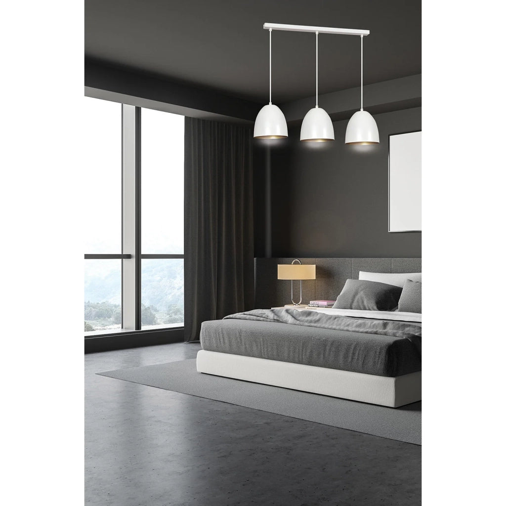 Lampadario 3 Luci Reartù In Acciaio Bianco Con Cupole In Nero E Oro