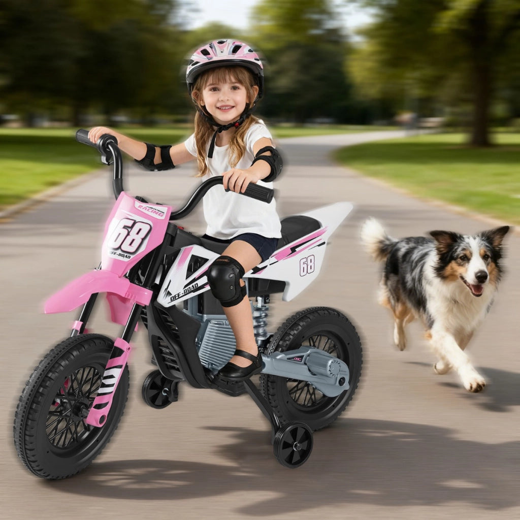 Moto per bambini 12v con ruote di allenamento rimovibili e sospensione a molla, Moto motorino a batteria con musica Rosa-Moto elettriche
