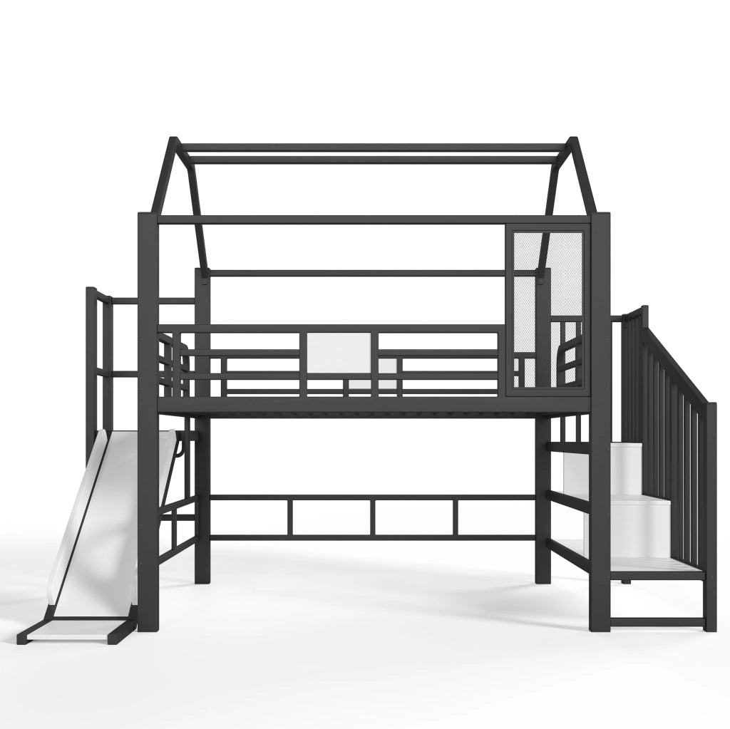 Letto a soppalco per bambini 140x200 cm con scivolo, scala e LED Bluetooth nero HAVRYA
