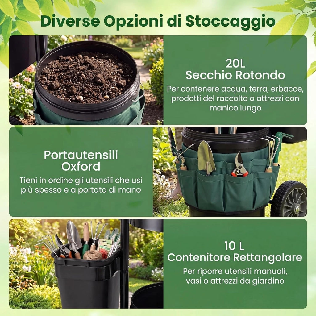 Carrello da Giardino a 2 Ruote, Carrellino da Esterno per Attrezzi da Giardinaggio con Borsa in in Tessuto Oxford, 20 L Secchio Rotondo e 10 L Contenitore Rettangolare Rimovibili