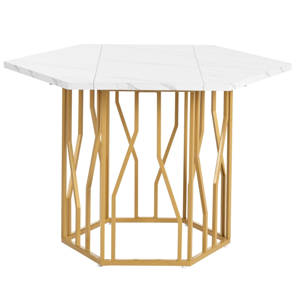 Tavolo da pranzo esagonale 115;5 x 100 cm in MDF effetto marmo bianco con base in metallo oro