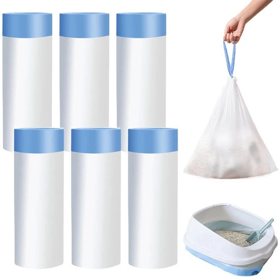 Sacchi per gatto con corda di trascinamento: 90 sacchi per imballaggio del letame dei gatti, 6 rotoli di sacchi per gatto, sacchi per rifiuti resistenti alle scuffie per animali domestici, sacchi per rifiuti con manico, impermeabili 45x50cm