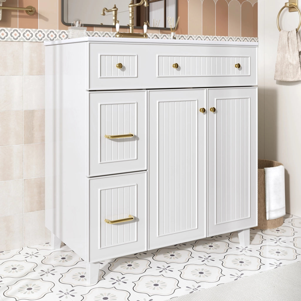 Mobile bagno freestanding con lavabo in ceramica, struttura in MDF laccato, gambe in legno massiccio e spazio contenitivo multiuso