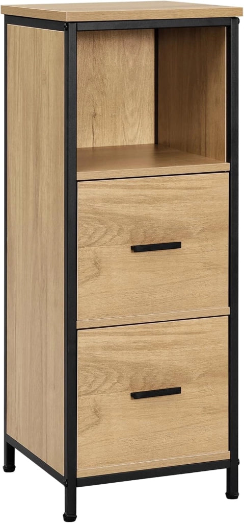 Mobile da Bagno a Terra, Mobiletto da Bagno a Colonna, 1 Scomparto Aperto e 2 Cassetti Estraibili, per Salotto, Camera, Cucina, in Legno e Metallo, 30x30x80cm, Nero+Rovere Chiaro
