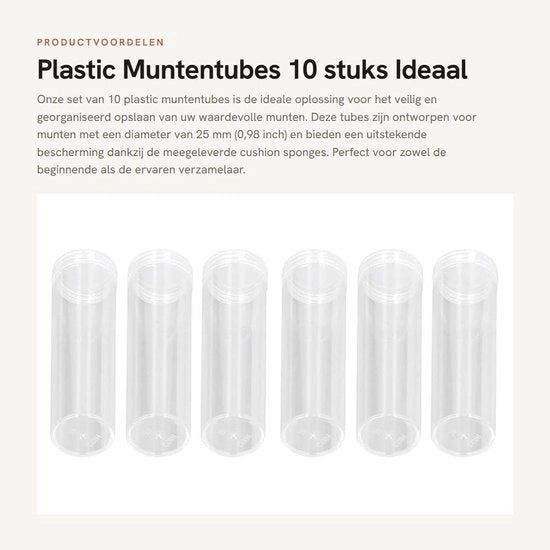 Tubetti di Munitura con Pieno di Spugna - 10 Pezzi - Canne di Stoccaggio in Plastica - Per Raccolta di Monete da 25mm - Tubi Riciclabili - Translucidi e Resistenti - Conservazione di Monete