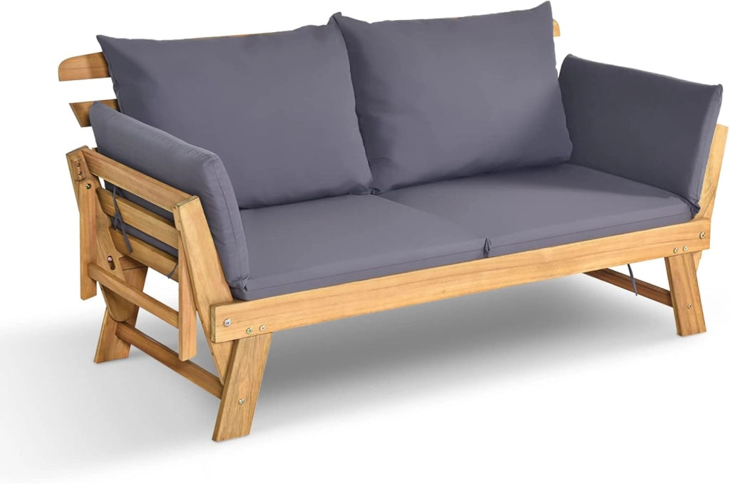 Divano Esterno da Giardino 2 Posti con Cuscino，Set da Giardino in Legno Certificato FSC，Sdraio da Giardino Pieghevole da 2 Persone,153/194 x 72 x 76 cm，Beige/Grigio