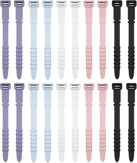 Cinture per cavi in silicone, cinture per cavi riciclabili, 20 cinture per cavi in gomma per il controllo dei cavi, organizzatore per cavi elastico per scrivania domestica. Cinture per cavi di 11,4 cm in colori bianco, nero, rosa, viola e blu.
