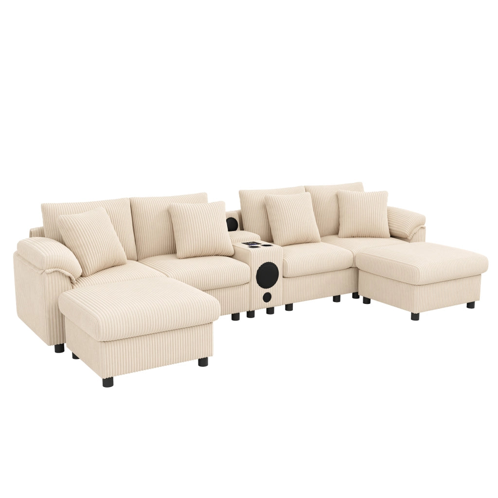 Divano modulare con altoparlante Bluetooth console di ricarica USB e Type C in tessuto a coste beige