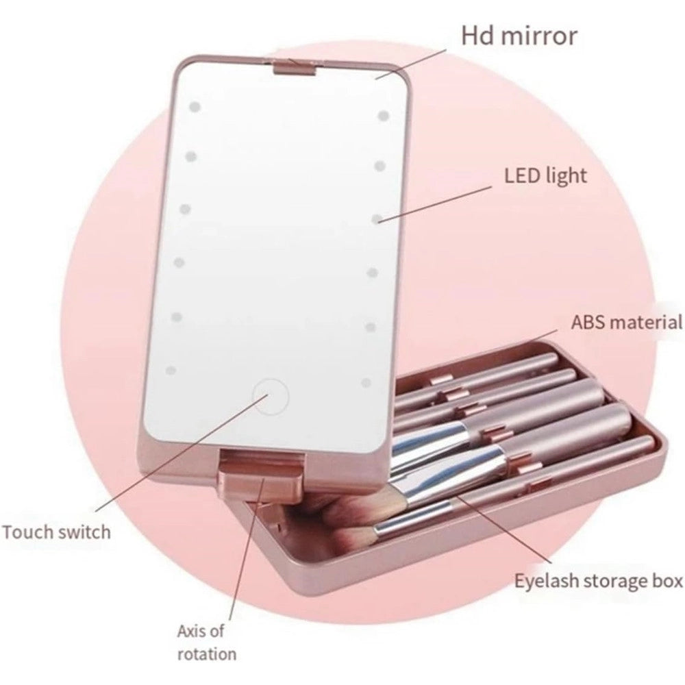 Trade Shop - Specchio Per Trucco Portatile Con Set Pennelli Rotazione 360° Luci Led Ricaricabile Touch -