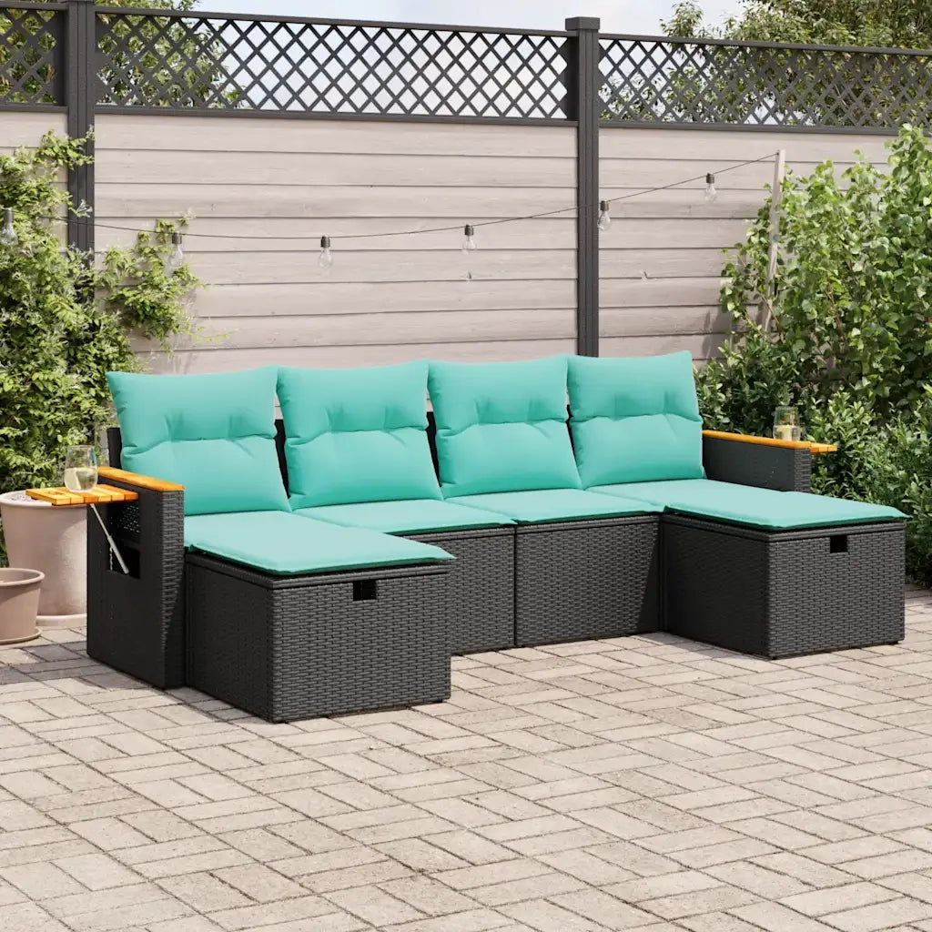 Set Divano da Giardino 6 pz con Cuscini Nero in Polyrattan