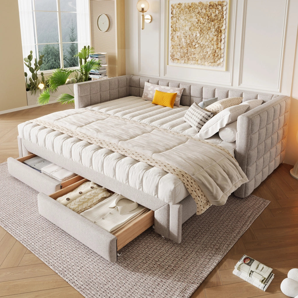 Letto da giorno estraibile 90 x 200 cm con 2 cassetti; velluto e MDF; beige