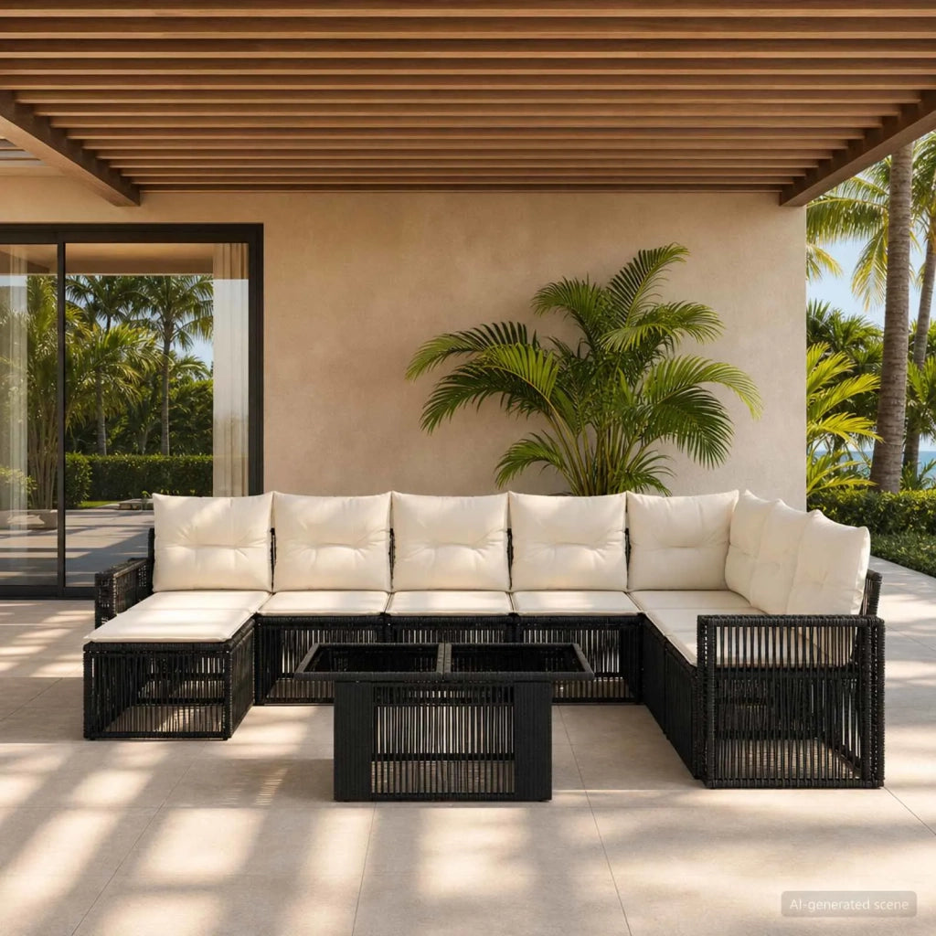 Set Divano da Giardino 9 pz Nero e Bianco Crema polyrattan 3436834