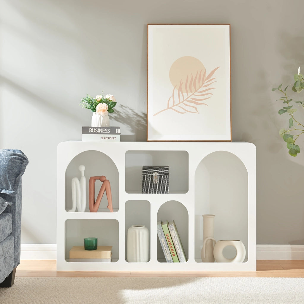Consolle Rettangolare Vågå con 6 Scomparti Geometrici 110x30x70 cm Bianco [en.casa]