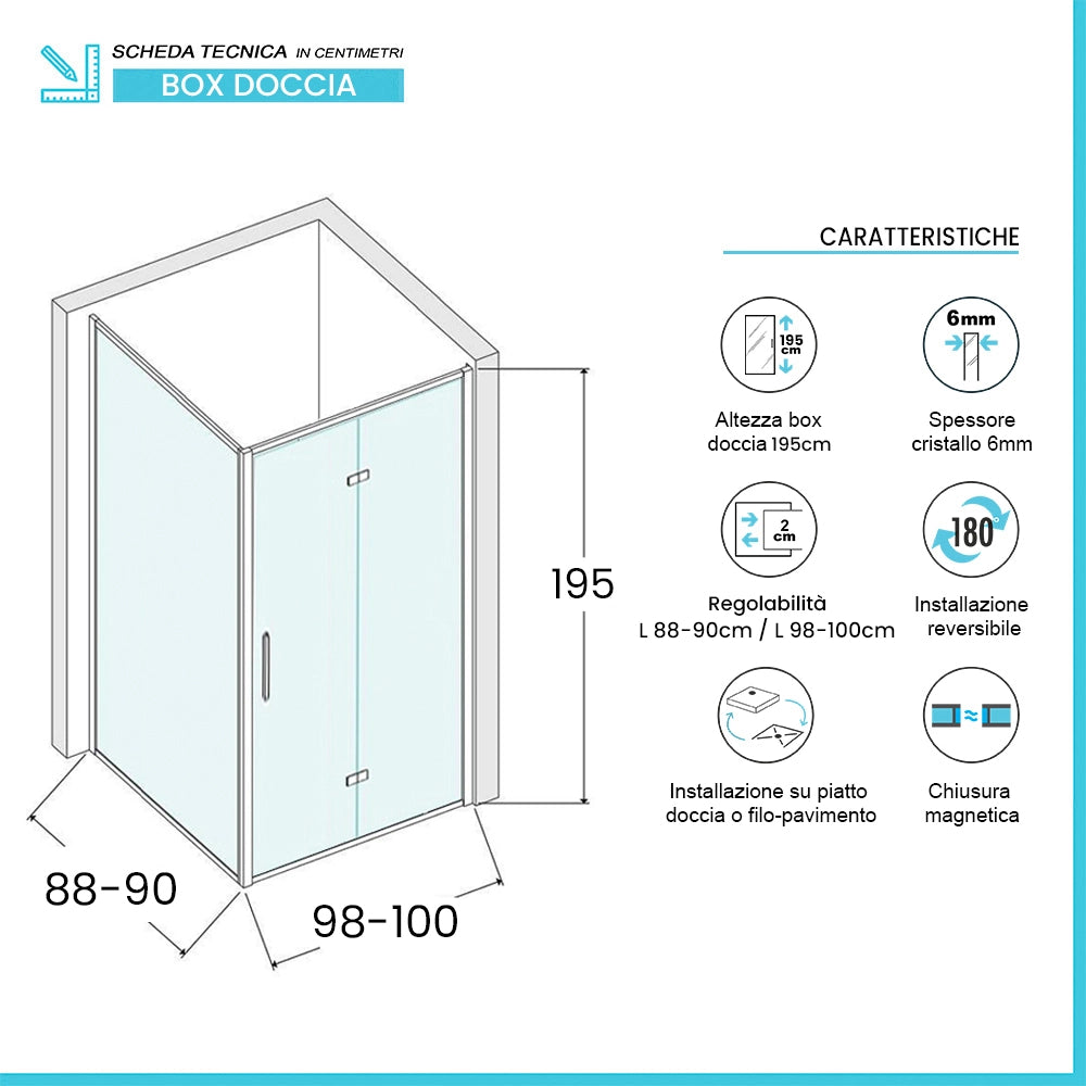 Box doccia angolare a soffietto 90x100 in vetro temperato trasparente con profili cromo Neos
