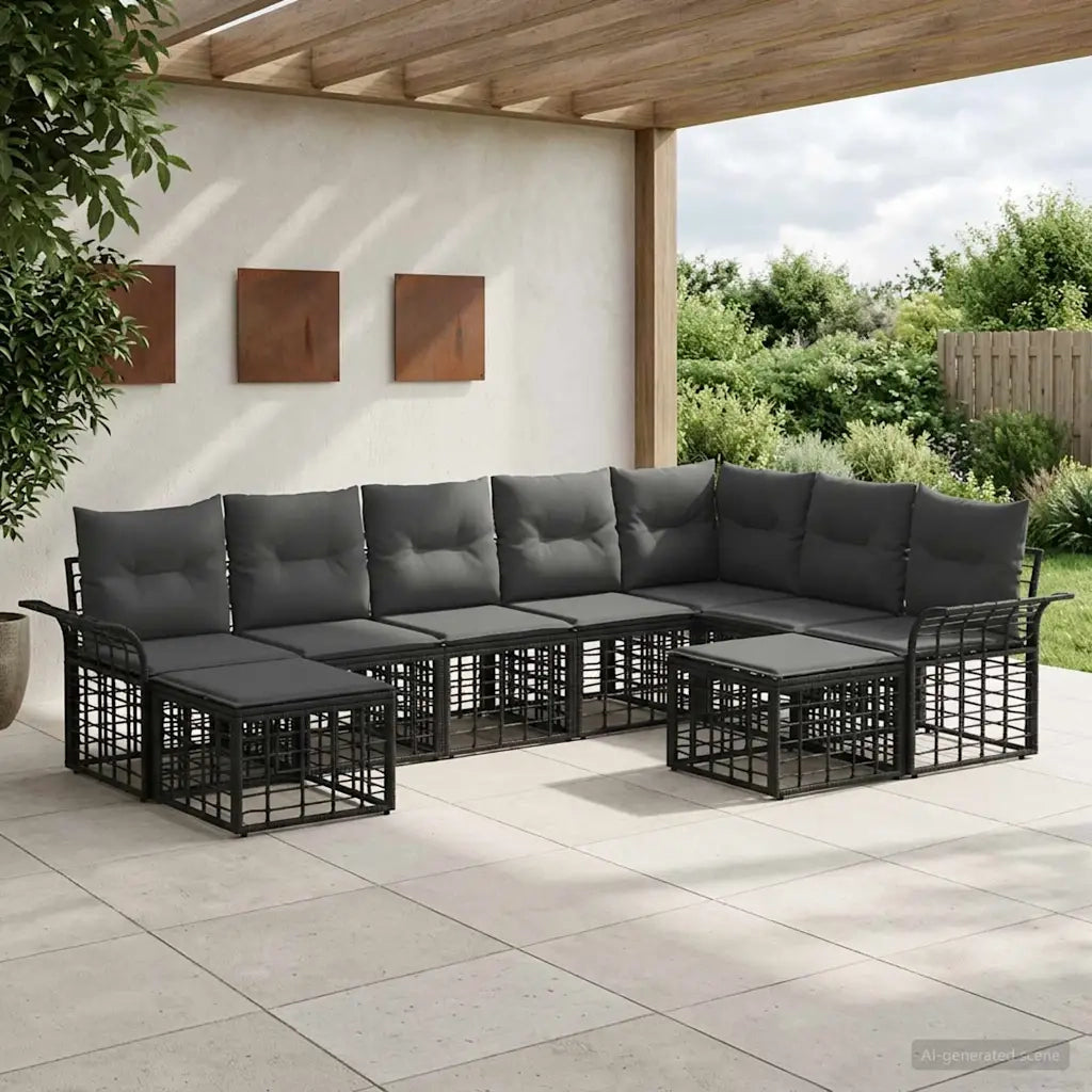 Set di divani da esterno 9 pcs Nero e Grigio scuro Poliestere