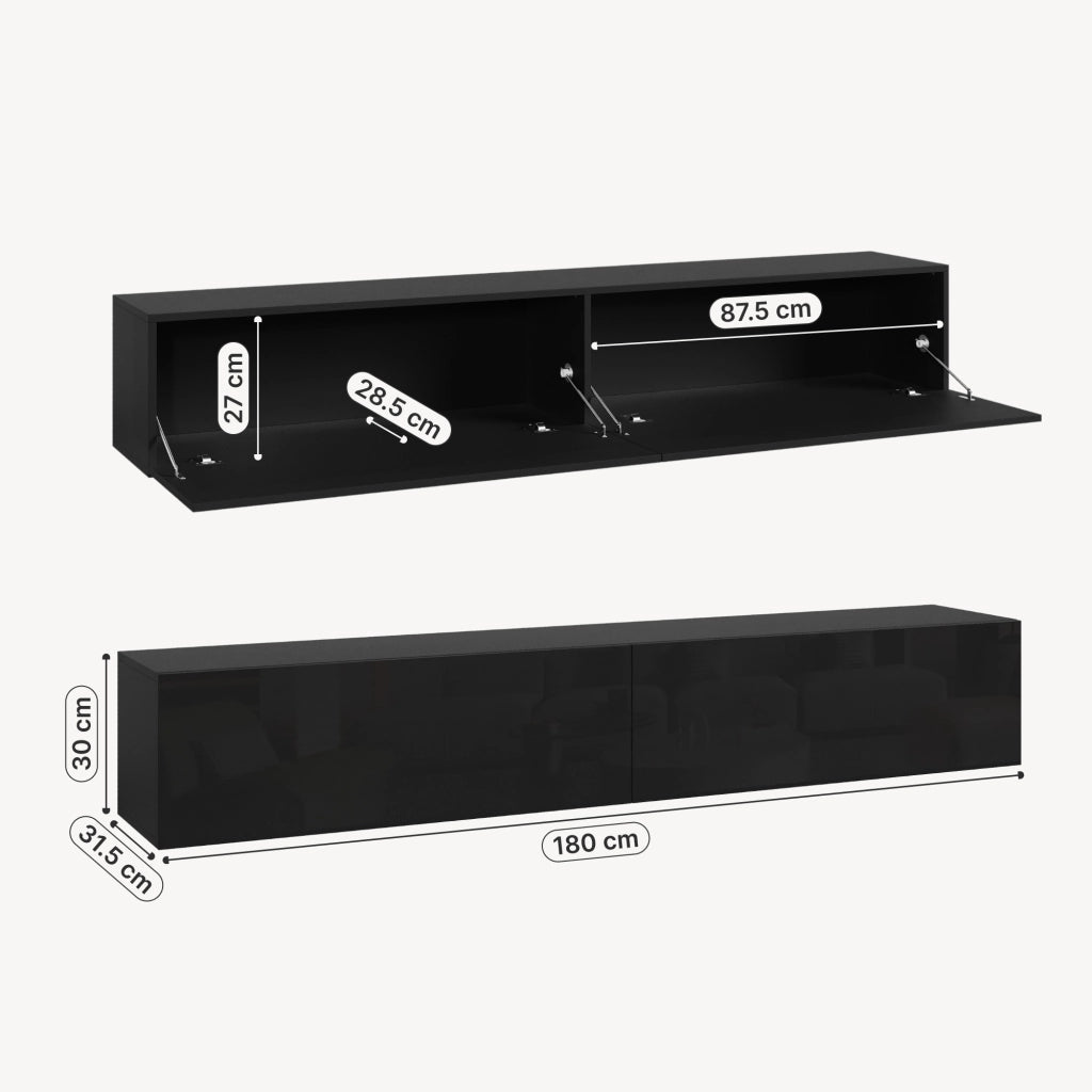 Mobile Pensile Evaton Porta TV da Parete 180 x 32 x 30 cm - Nero Lucido [en.casa]