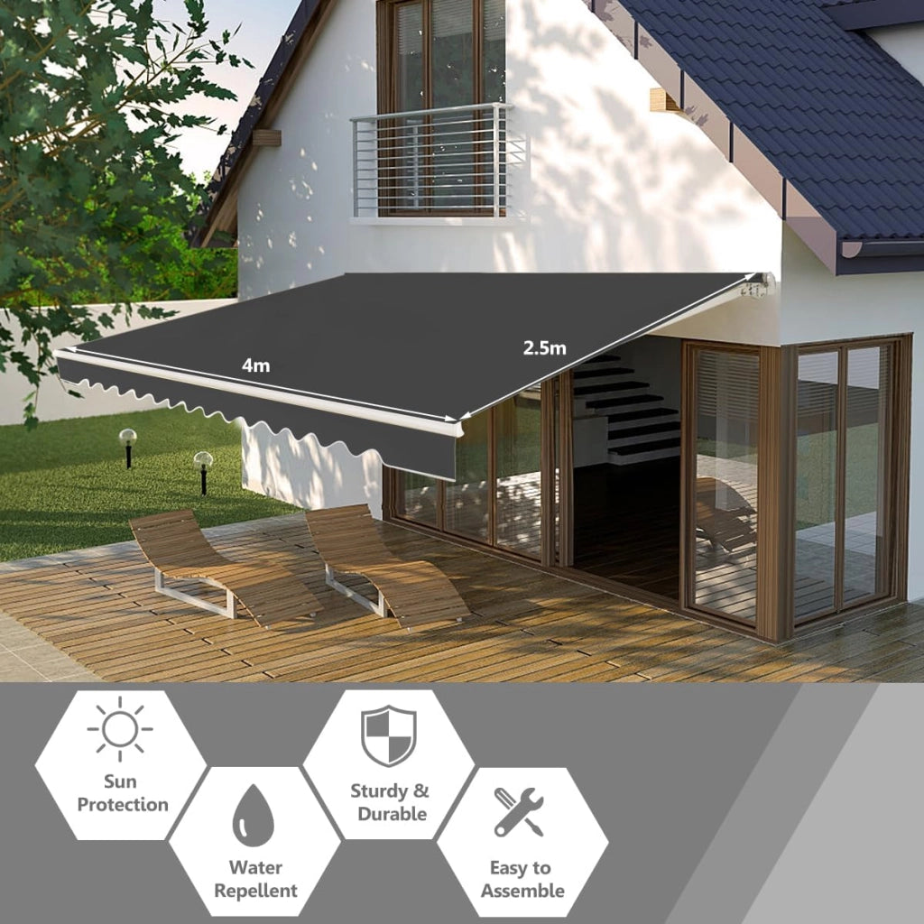 Tenda da Sole per Esterno, Tenda da Sole a Bracci Estensibili con Telaio in Alluminio, Tettuccio Resistente al Sole e Impermeabile e Manovella (4 x 2,5 M, Grigio)