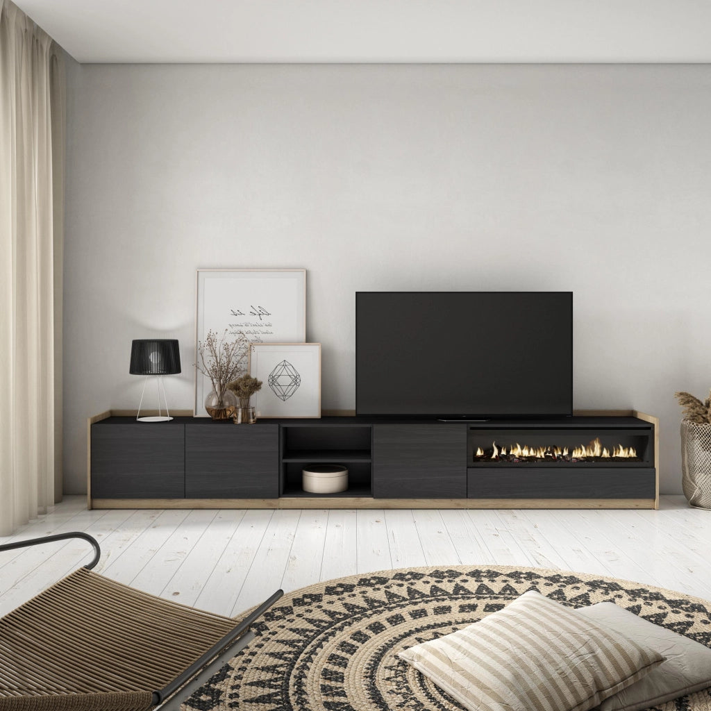 Mobile TV Soggiorno, 310x50x37 cm, Per TV fino a 80", Camino elettrico, Nero e rovere