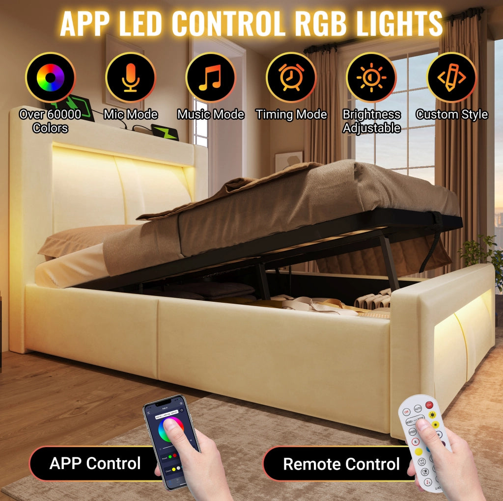 Letto singolo ULEVR 90x200 cm con materasso, contenitore idraulico, LED, USB e USB-C, velluto beige