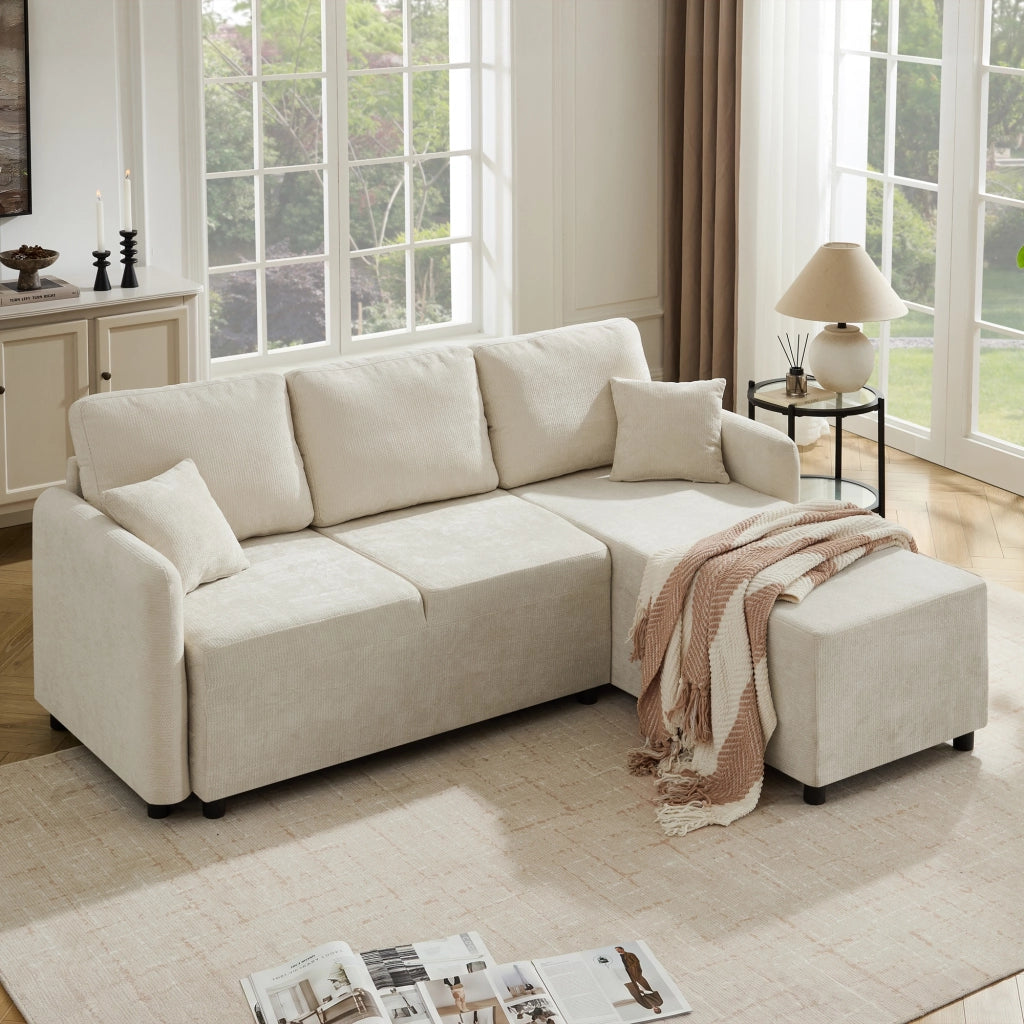 Divano angolare 3 posti in ciniglia con seduta relax e cuscini inclusi struttura in legno beige chiaro compatto