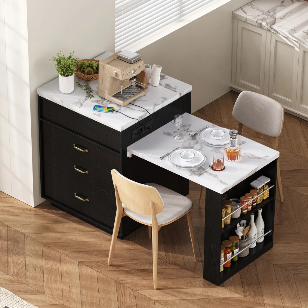 Tavolo allungabile con LED e presa usb tipo c, cassetti e ripiani aperti, per cucina e sala da pranzo, in MDF, nero