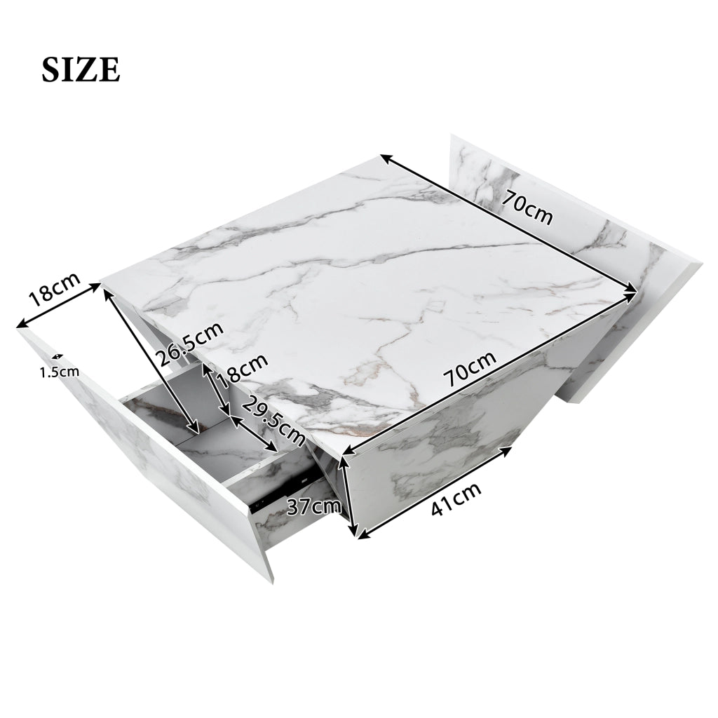 Tavolino basso trapezoidale con 2 cassetti e vani contenitore, in MDF marmorizzato, bianco, 70 × 70 × 37 cm