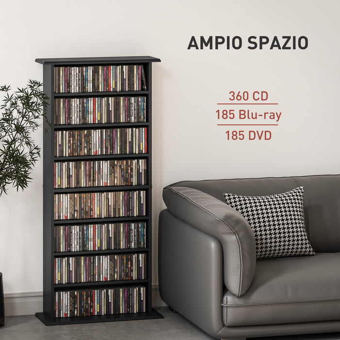 Libreria Porta CD e DVD 58x24x124,5 cm con 6 Ripiani Regolabili Nero