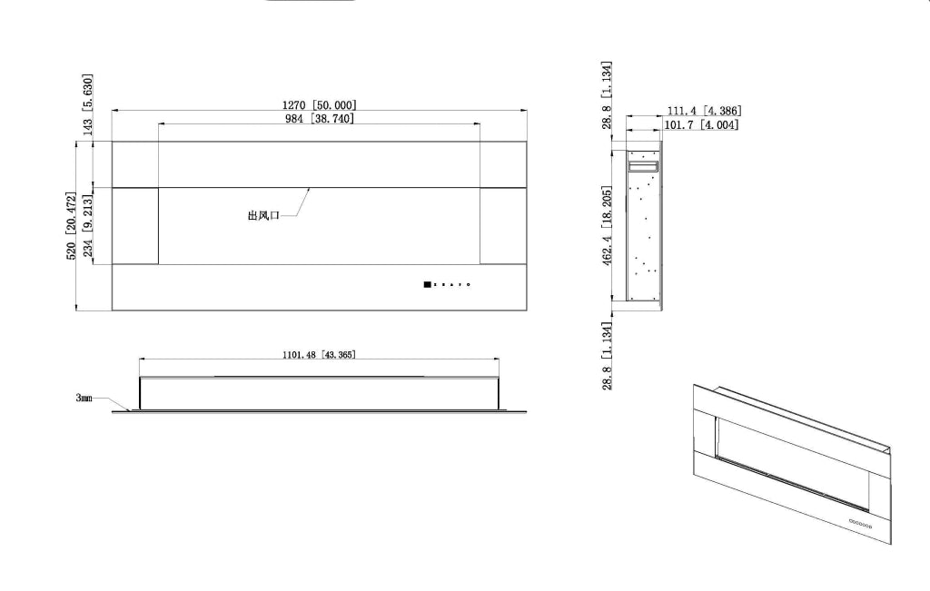 Camino Elettrico da Pavimento 52x127x11,5 cm Effetto Fiamma 1500W Advance Nero