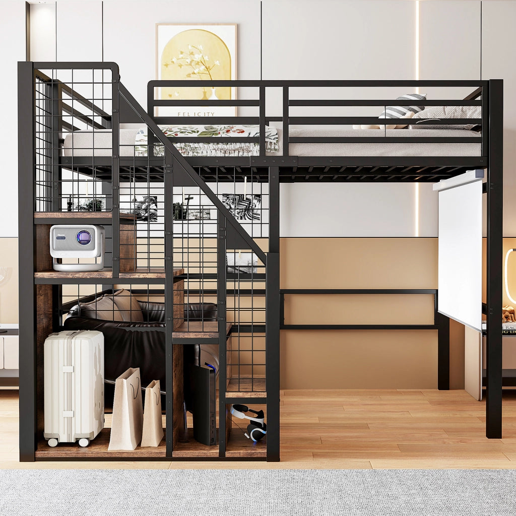 Letto a soppalco singolo 140 × 200 cm con scala, contenitore integrato e barriera, senza materasso, metallo nero