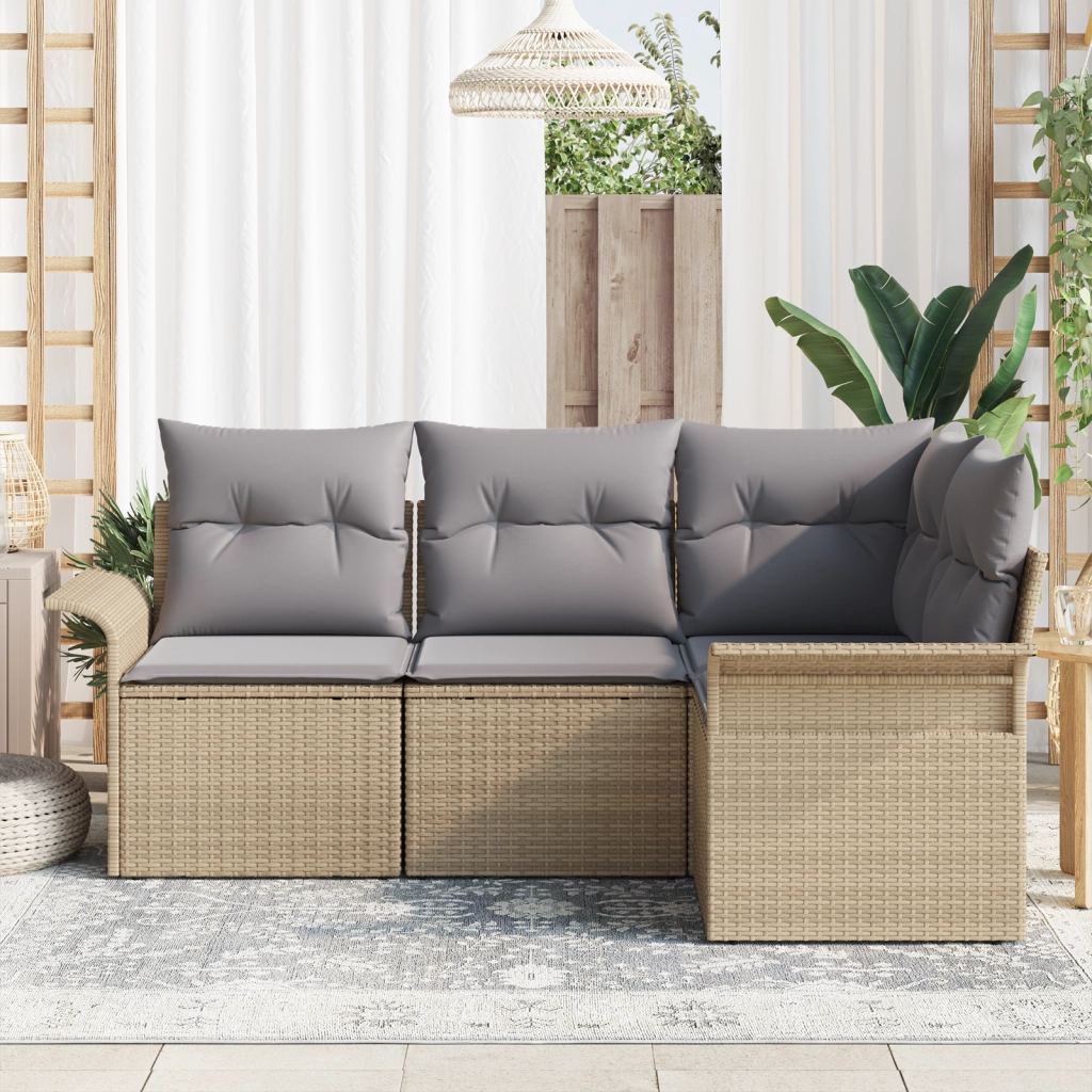 Set Divano da Giardino di 4 Pezzi con Cuscini Beige in Polyrattan