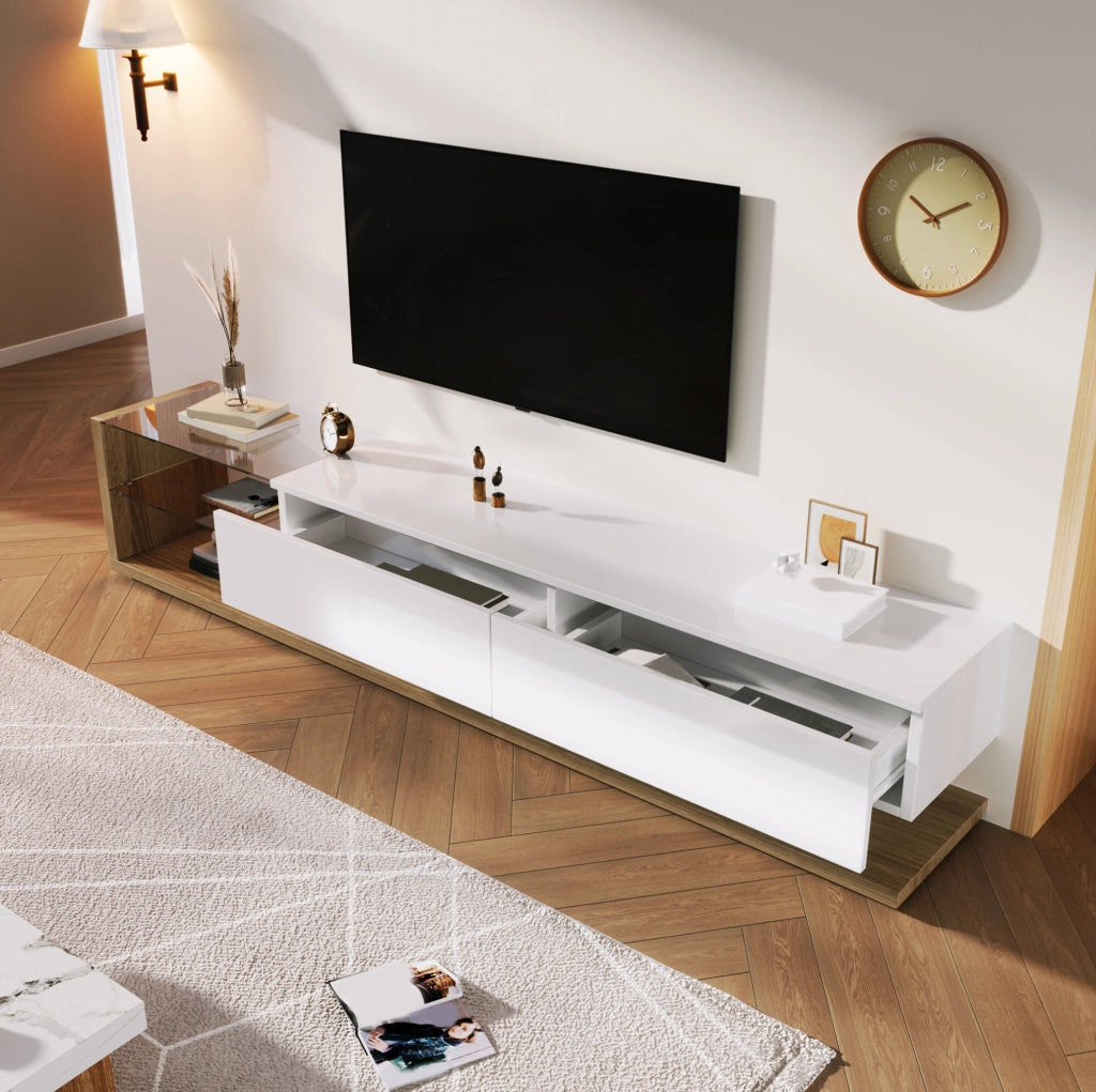 Mobile TV 170 cm con 2 cassetti; 2 ripiani in vetro e LED multicolore; bianco lucido