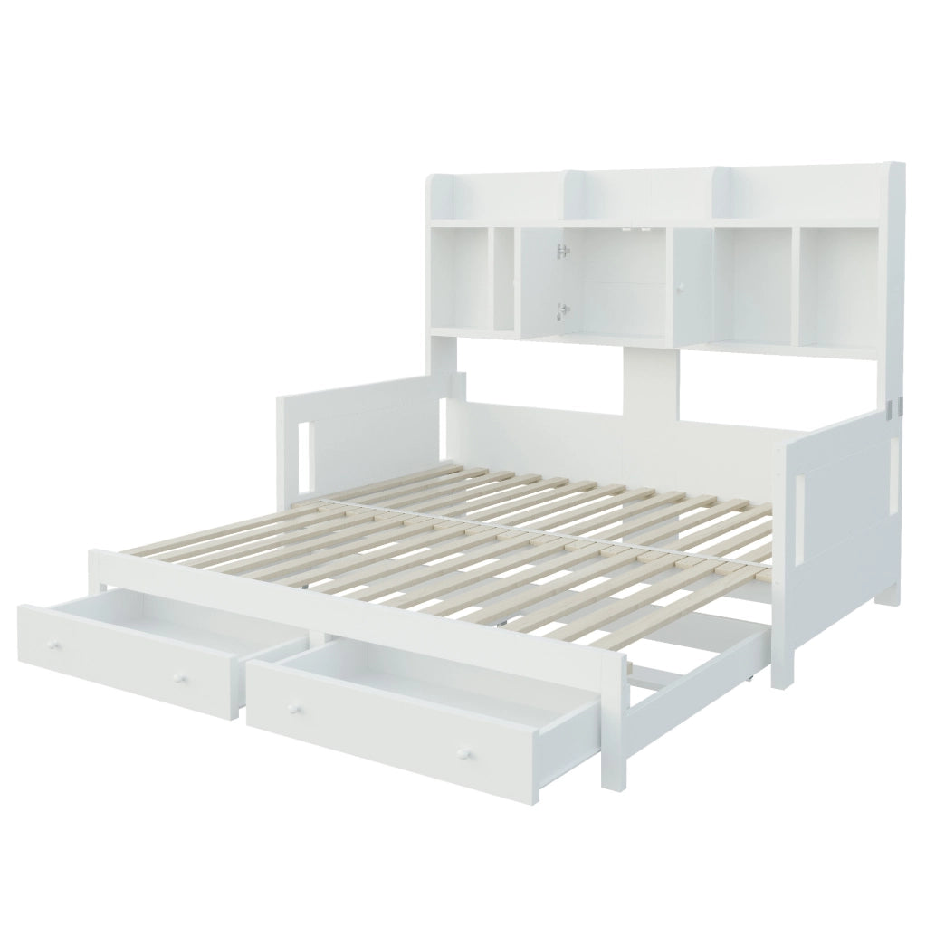 Divano letto estraibile 90x190 cm con contenitore; prese e LED in legno bianco