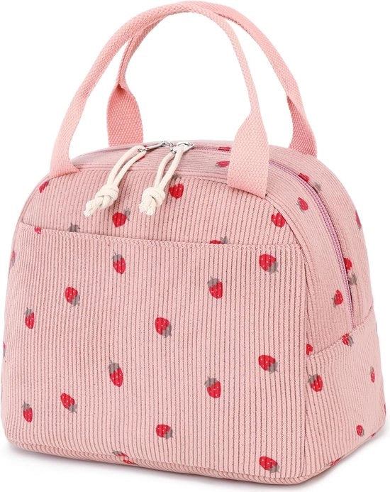 Borsa Insolata a Punti con Disegno di Fragola - Borsa a Corduroy Rosa per Lavoro, Scuola e Pic Nic