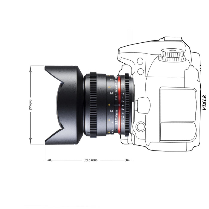 Walimex Pro 14mm 1:3.1 obiettivo VDSLR per foto e video (incluso paraluce fisso, IF, ghiera ingranaggi, apertura e messa a fuoco continua, grandangolo) per obiettivo Nikon F baionetta nera