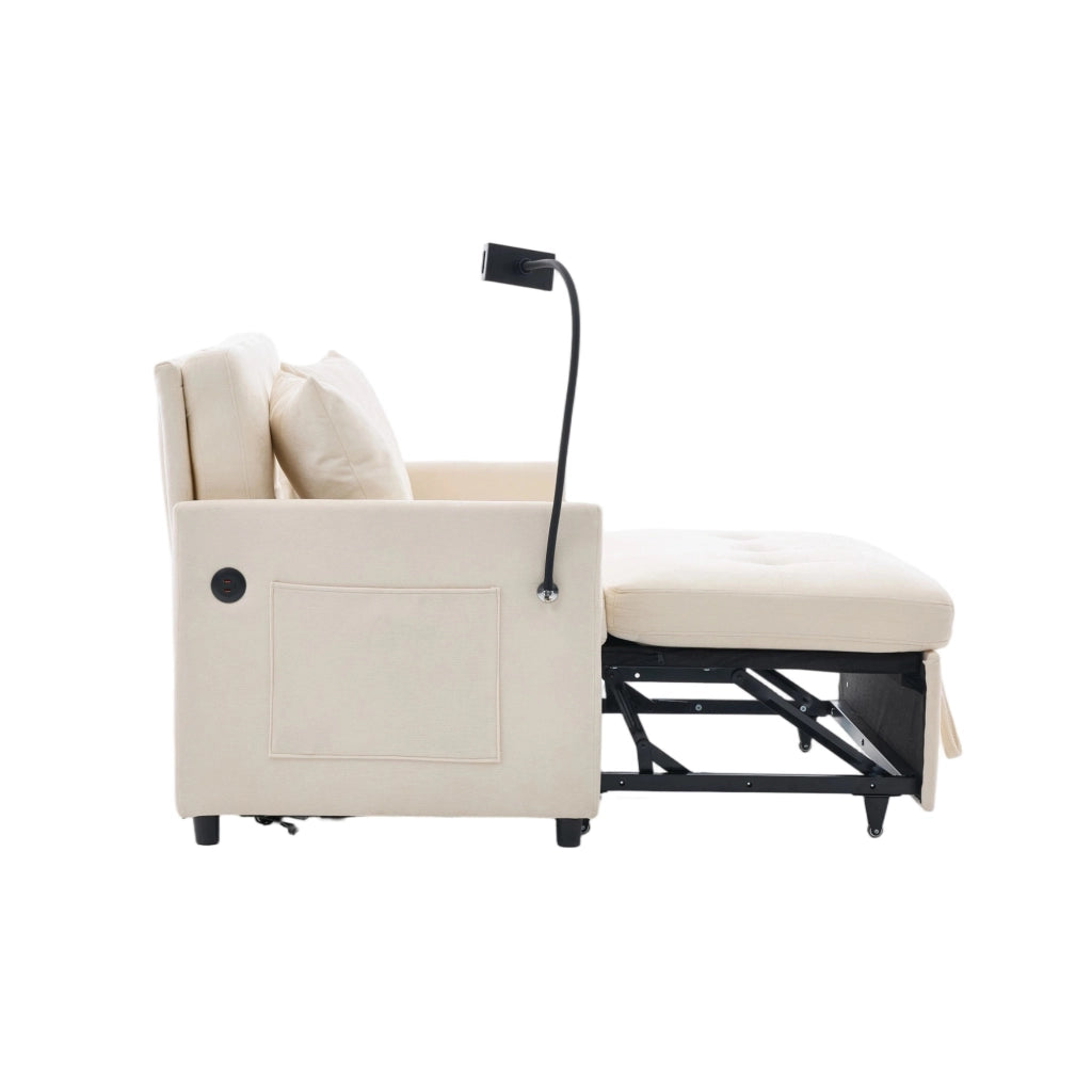 Divano letto multifunzione con porta USB e supporto tablet in tessuto lino spazzolato beige 109 × 72 × 83,5 cm