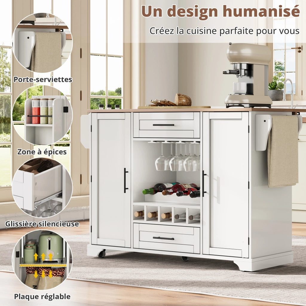 Carrello da Cucina con 2 Ante; 2 Cassetti; Piano Ribaltabile; Portabottiglie e Portasciugamani; 138x45(70)x92 cm