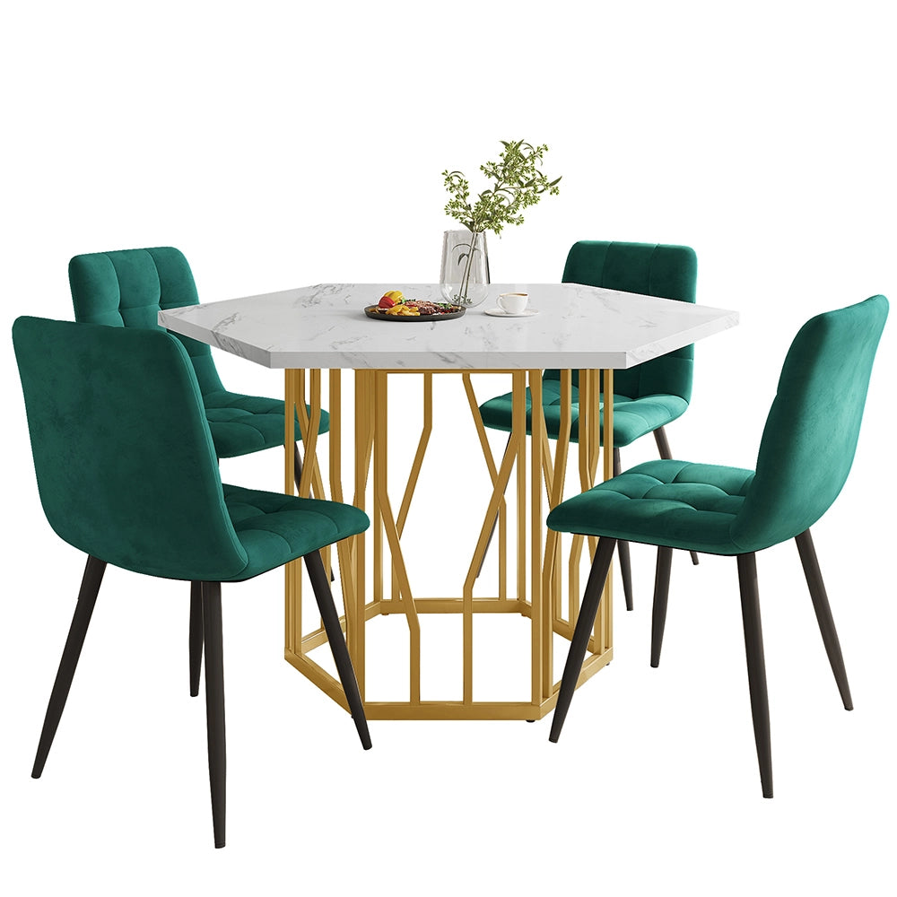 Set tavolo-Xylo-Esagonale marmo 4 sedie verde piedi dorati