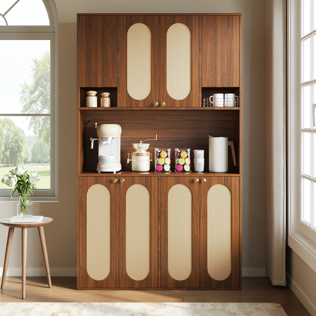 Credenza alta con 8 ante e LED, per sala da pranzo e soggiorno, in MDF e PE-rattan, naturale, 106 × 40 × 178 cm
