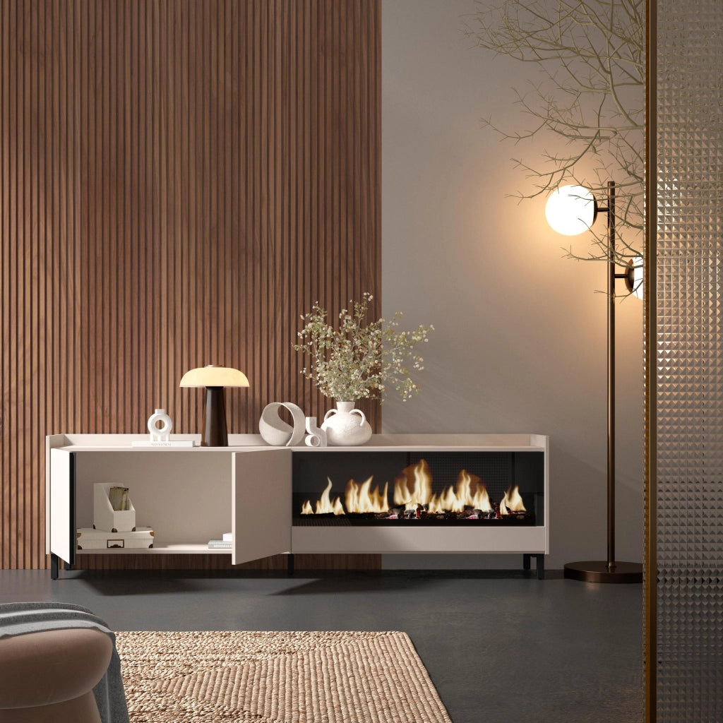 Mobile TV Soggiorno, 212x61x35 cm, Per TV fino a 80", Camino elettrico XXL, Design industriale, Beige