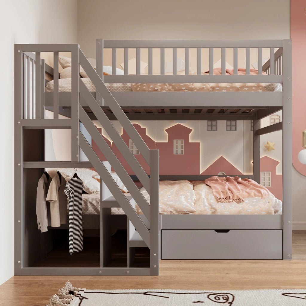 LETTO a castello 140x200 cm in legno grigio con scaletta e cassetti