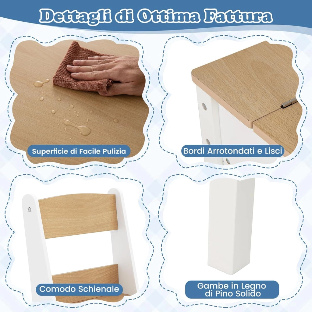 Set Tavolo e Sedie per Bambini con Rotolo di Carta, Tavolino per Cameretta con 2 Sedie, Piano Ribaltabile, Ripiani, 8 Bicchieri per Pittura, 2 Cassetti Nascosti e 2 Ceste di Tessuto (Naturale)