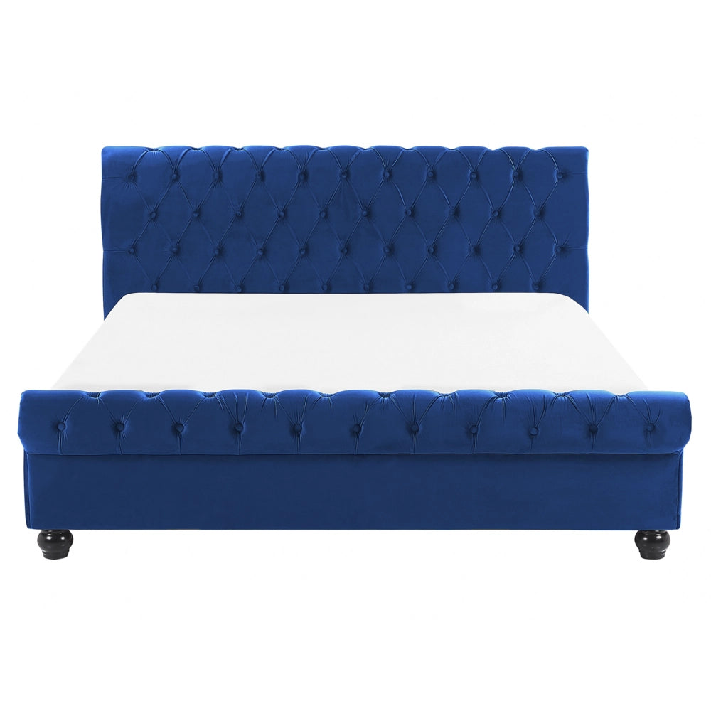 Letto Rivestimento in velluto blu Gambe in legno Nero 160 x 200 cm capitonnè Glam