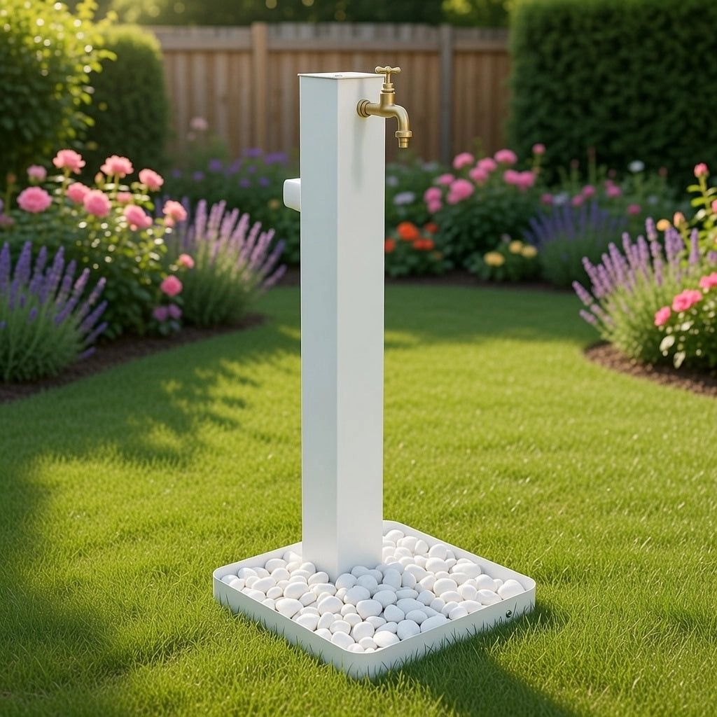 Fontana da Giardino con Rubinetto in Ottone e Base con Ciottoli 40x40x97 cm in Acciaio Bianco